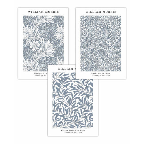 Blue William Morris Vintage Flower Set of 3 Wall Art Prints | Bowlift