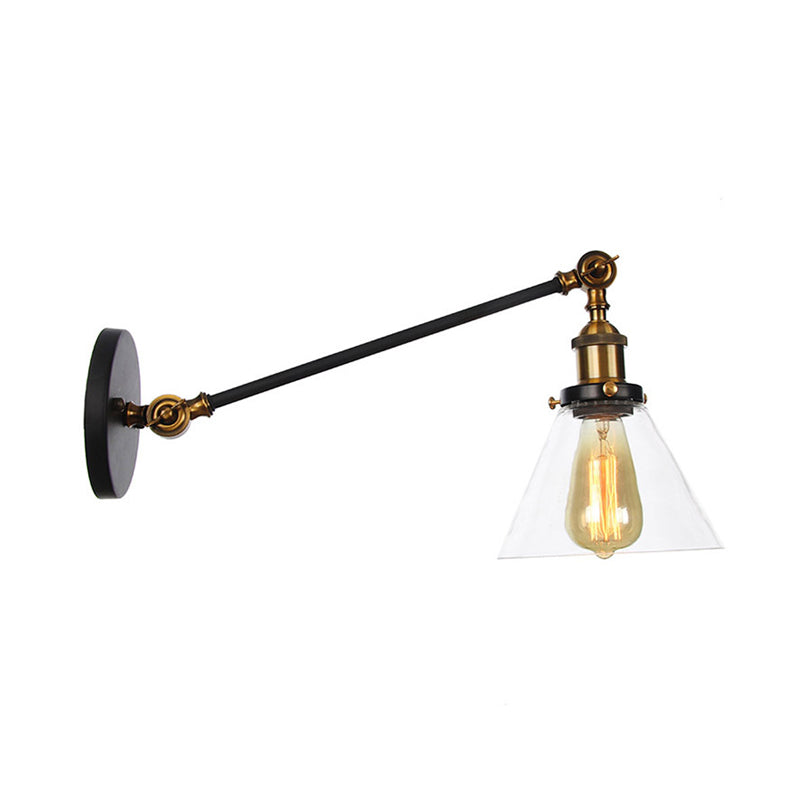 BowLift | Industrial Conical Wall Lamp 1 Light Clear Glass Lighting in Black/Bronze/Brass, 8"/12" L Arm