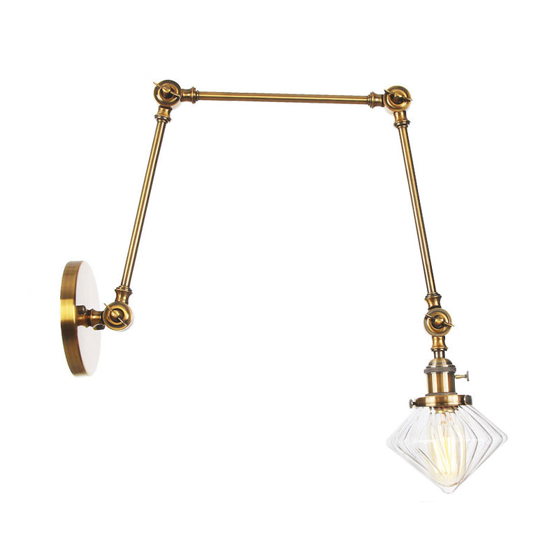 BowLift | 1 Light Dining Room Wall Lamp Vintage Black/Bronze/Brass Wall Mounted Lamp with Diamond Clear/Amber Glass Shade, 8"+8"/8"+8"+8" L Adjustable Arm