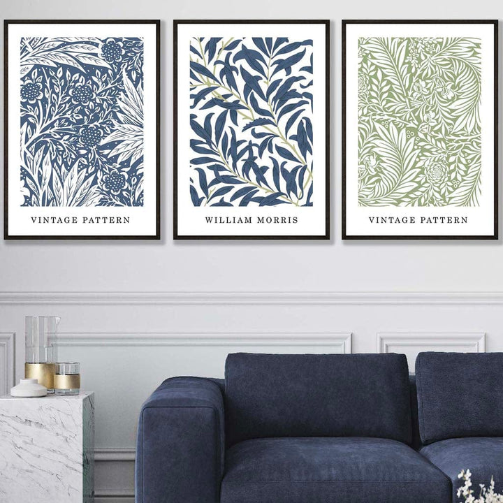 Blue & Green William Morris Vintage Floral Set of 3 Wall Art Prints | Bowlift
