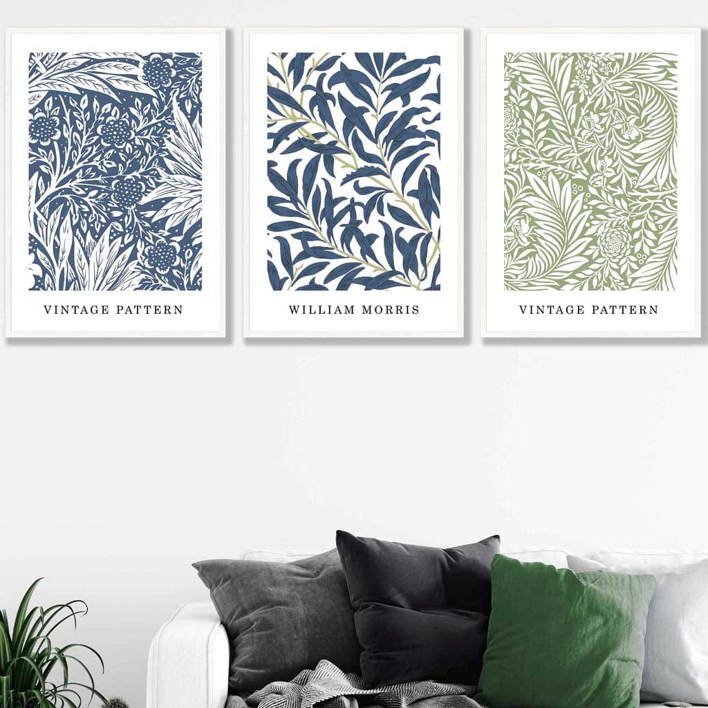 Blue & Green William Morris Vintage Floral Set of 3 Wall Art Prints | Bowlift