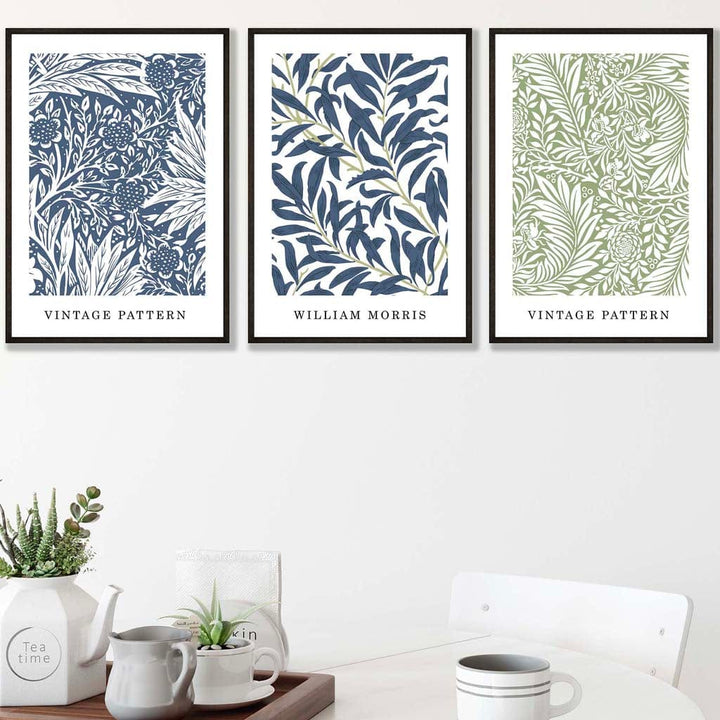 Blue & Green William Morris Vintage Floral Set of 3 Wall Art Prints | Bowlift