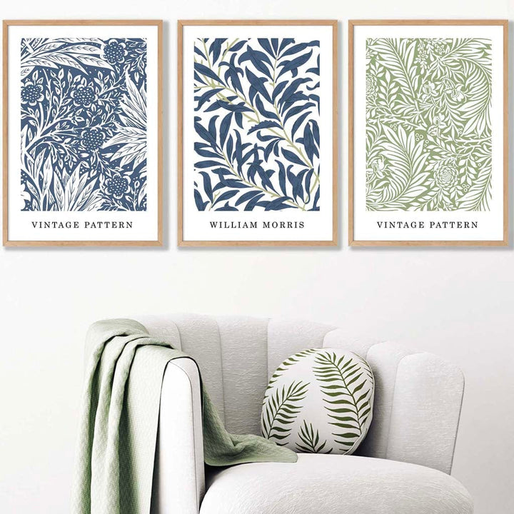 Blue & Green William Morris Vintage Floral Set of 3 Wall Art Prints | Bowlift