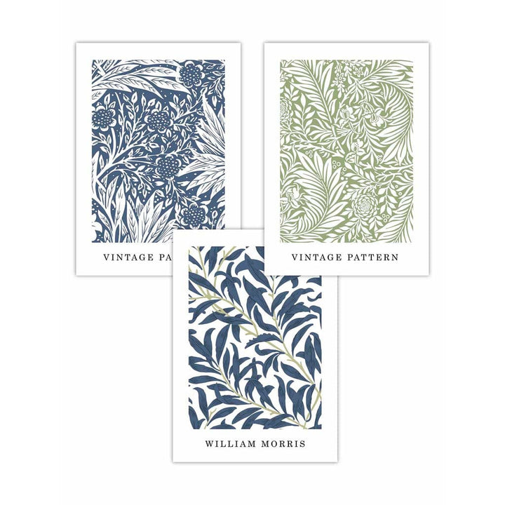 Blue & Green William Morris Vintage Floral Set of 3 Wall Art Prints | Bowlift