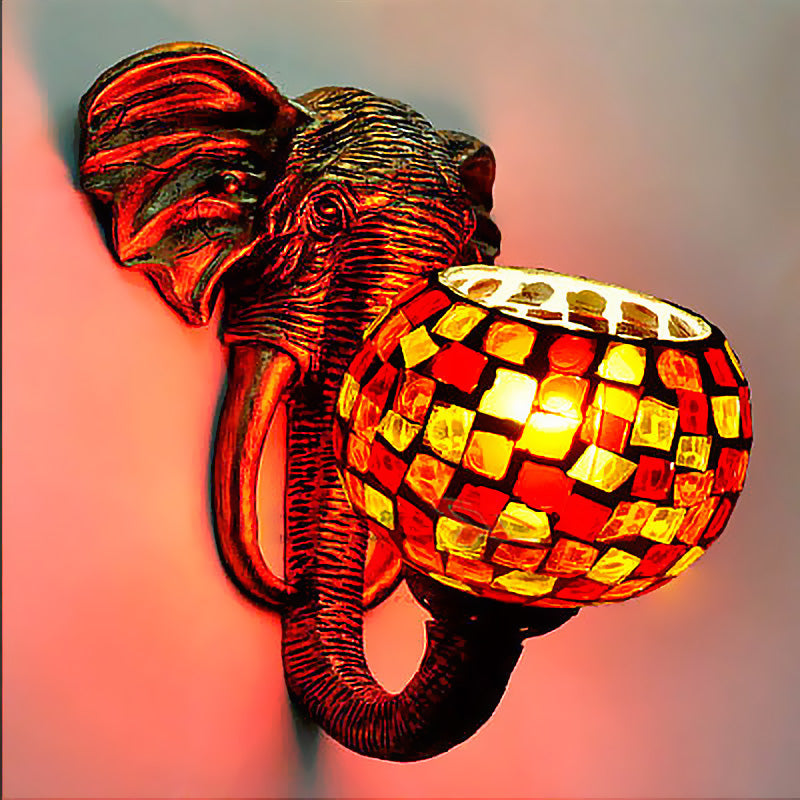 BowLift | Globe Wall-Mounted Light 1 Light Hand-Cut Glass Baroque Sconces in Red/Yellow/Blue with Elephant Decop for Outdoor
