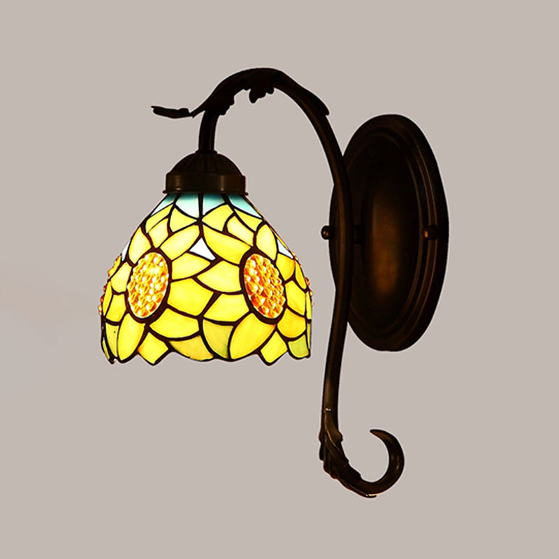 BowLift | Sunflower Wall Lamp 1 Light Speckled Art Glass Mediterranean Wall Lamp in Yellow with Curved Arm