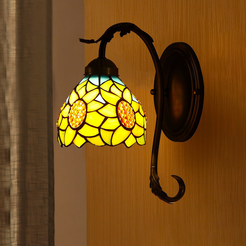 BowLift | Sunflower Wall Lamp 1 Light Speckled Art Glass Mediterranean Wall Lamp in Yellow with Curved Arm
