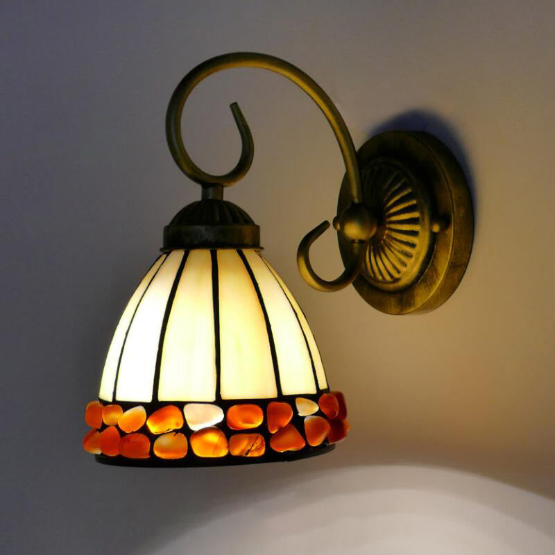 BowLift | Dome Wall Lighting Idea Tiffany Toughened/Beige/Green Toughened Glass 1 Light White/Bronze Wall Lamp With Stone Deco