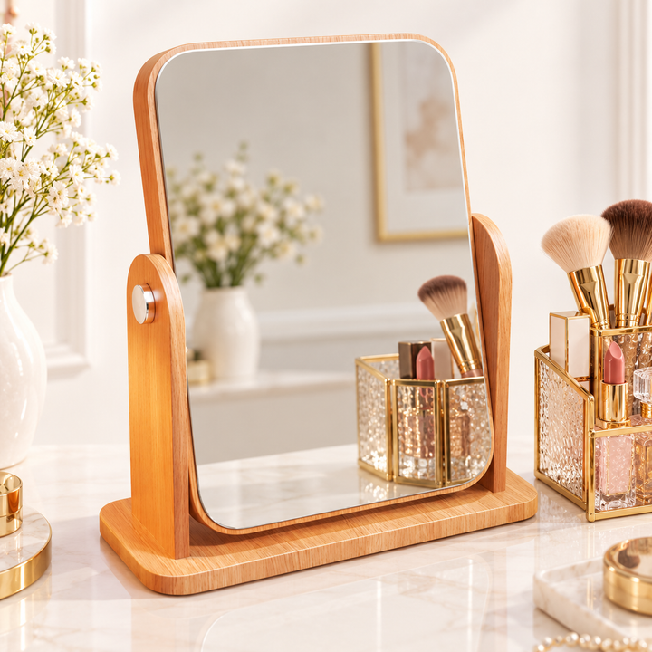 Adjustable Bamboo Tabletop Vanity Mirror with Tilt Stand Bowlift