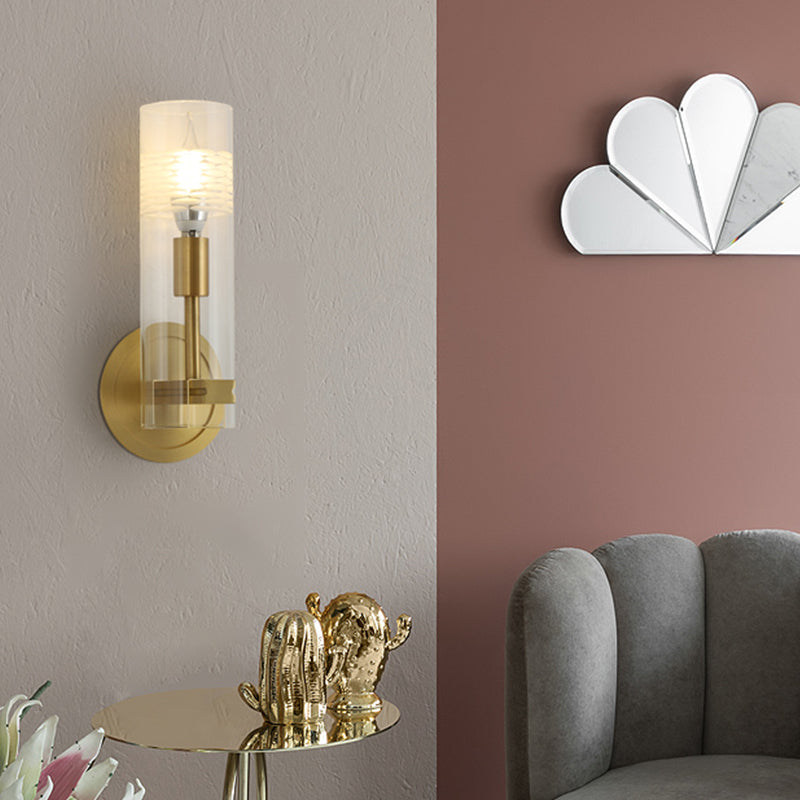 BowLift | Modernism 1 Head Wall Light Brass Cylindrical Wall Mount Lighting with Clear Glass Shade