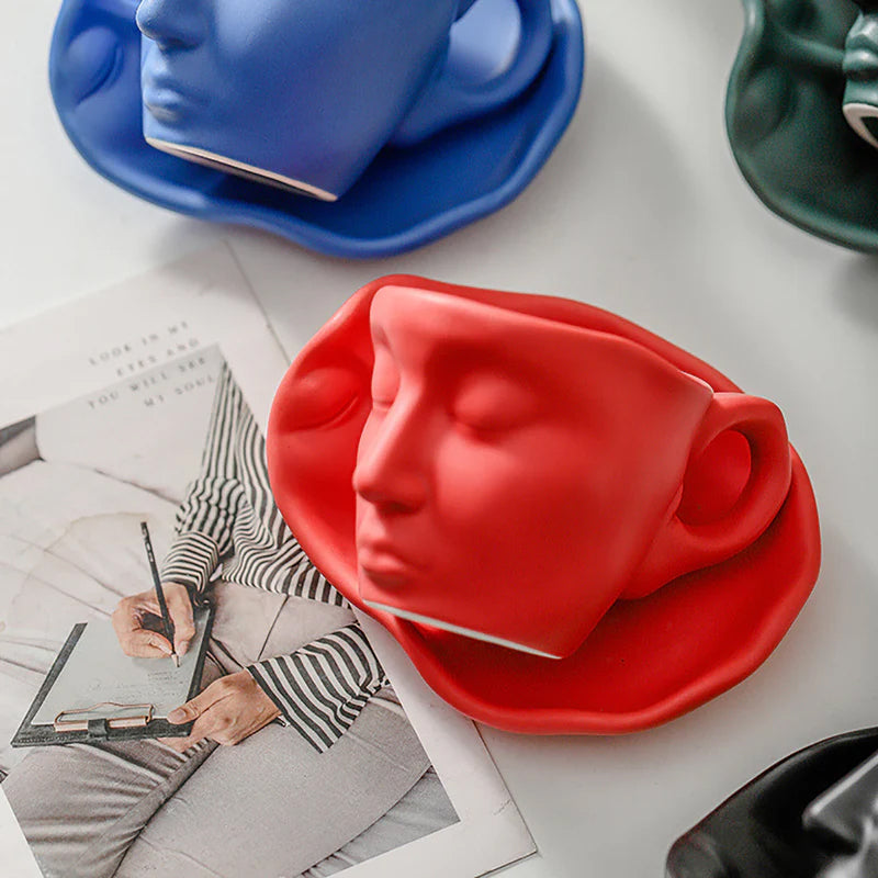 BowLift | Metal Touching Face Creative Ceramic Kiss Coffee Cup, Artistic Vibe Mug & Saucer Set