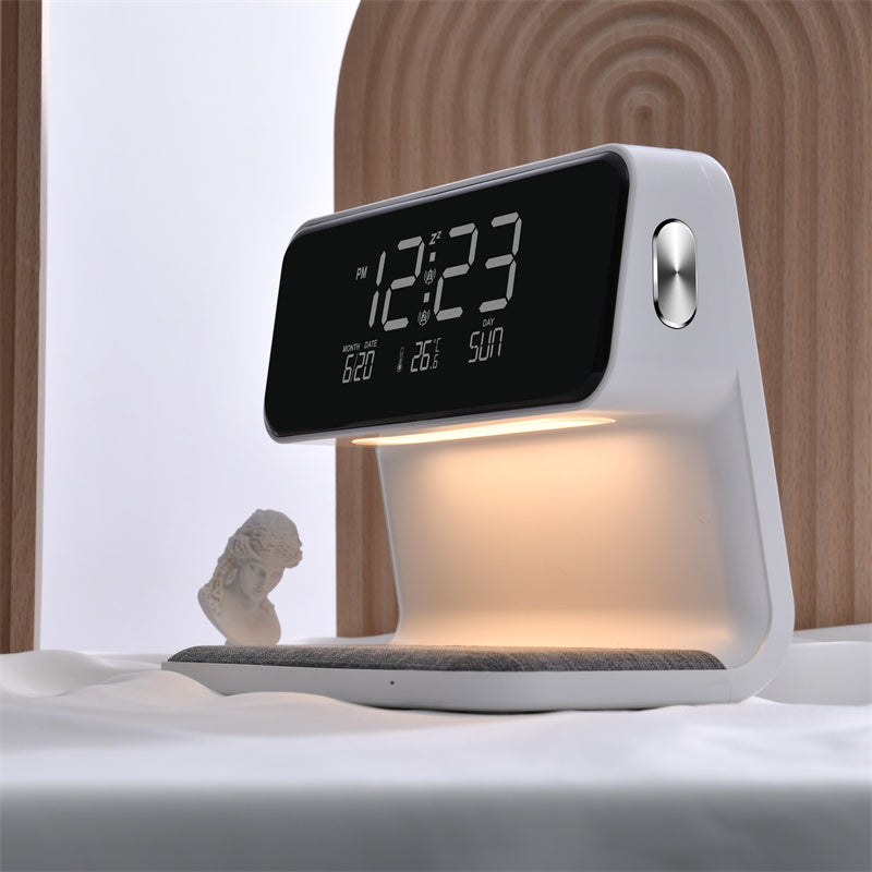BowLift | 3-in-1 Bedside Lamp with Wireless Charger – LCD Alarm Clock & Touch Dimmable LED Table Lamp