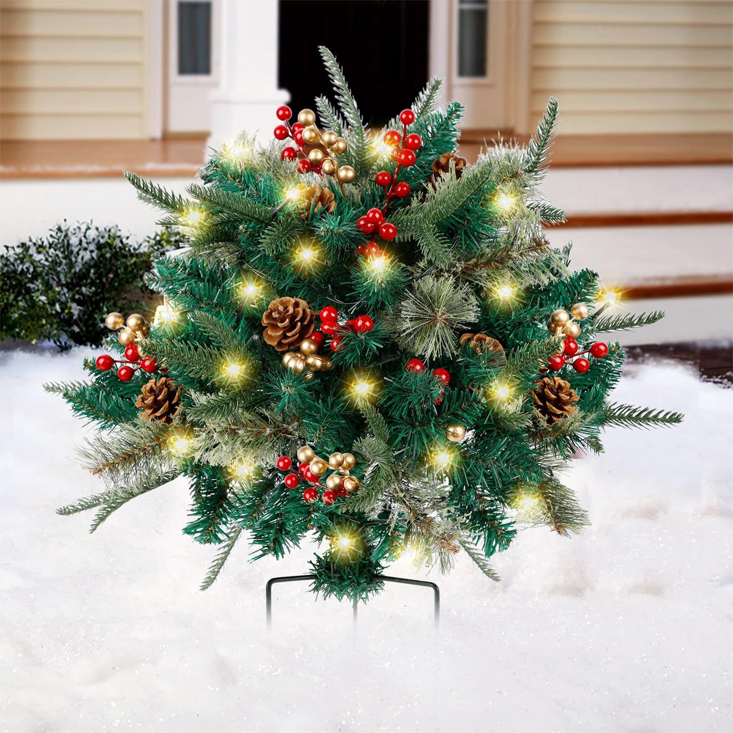 BowLift | Christmas Urn Filler with LED Lights | 18" Realistic Pine Arrangement | Indoor/Outdoor Decor
