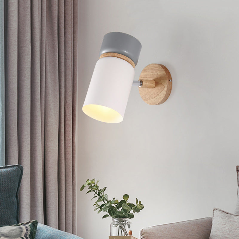 BowLift | 1 Bulb Cylindrical Wall Light Modern Metal Wall Mounted Lighting in Gray/White with Round Wooden Backplate