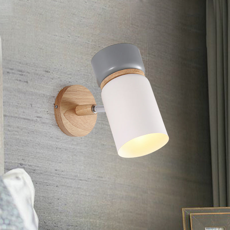 BowLift | 1 Bulb Cylindrical Wall Light Modern Metal Wall Mounted Lighting in Gray/White with Round Wooden Backplate