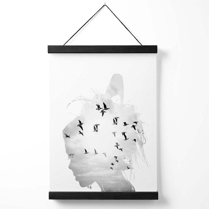 Abstract Girl and Seagulls Fashion Black-White Photo Poster with Hanger | Bowlift