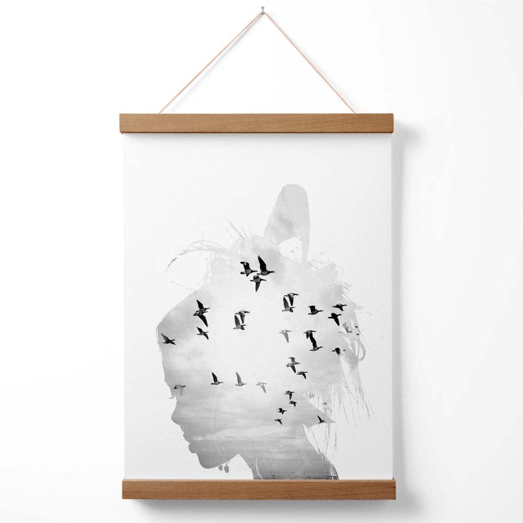 Abstract Girl and Seagulls Fashion Black-White Photo Poster with Hanger | Bowlift