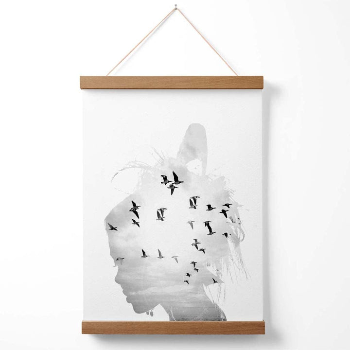Abstract Girl and Seagulls Fashion Black-White Photo Poster with Hanger | Bowlift