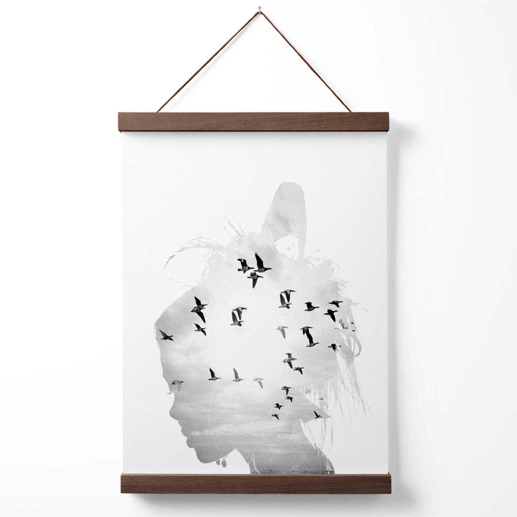 Abstract Girl and Seagulls Fashion Black-White Photo Poster with Hanger | Bowlift