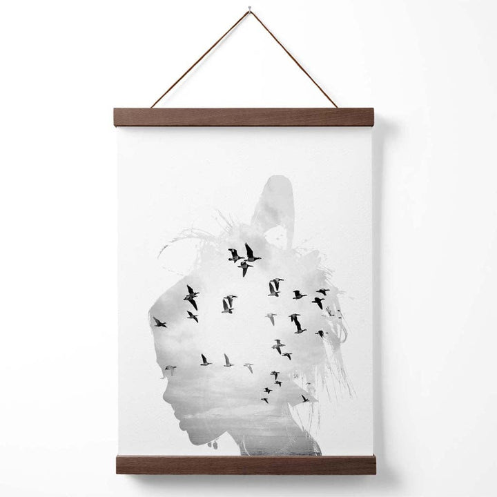 Abstract Girl and Seagulls Fashion Black-White Photo Poster with Hanger | Bowlift