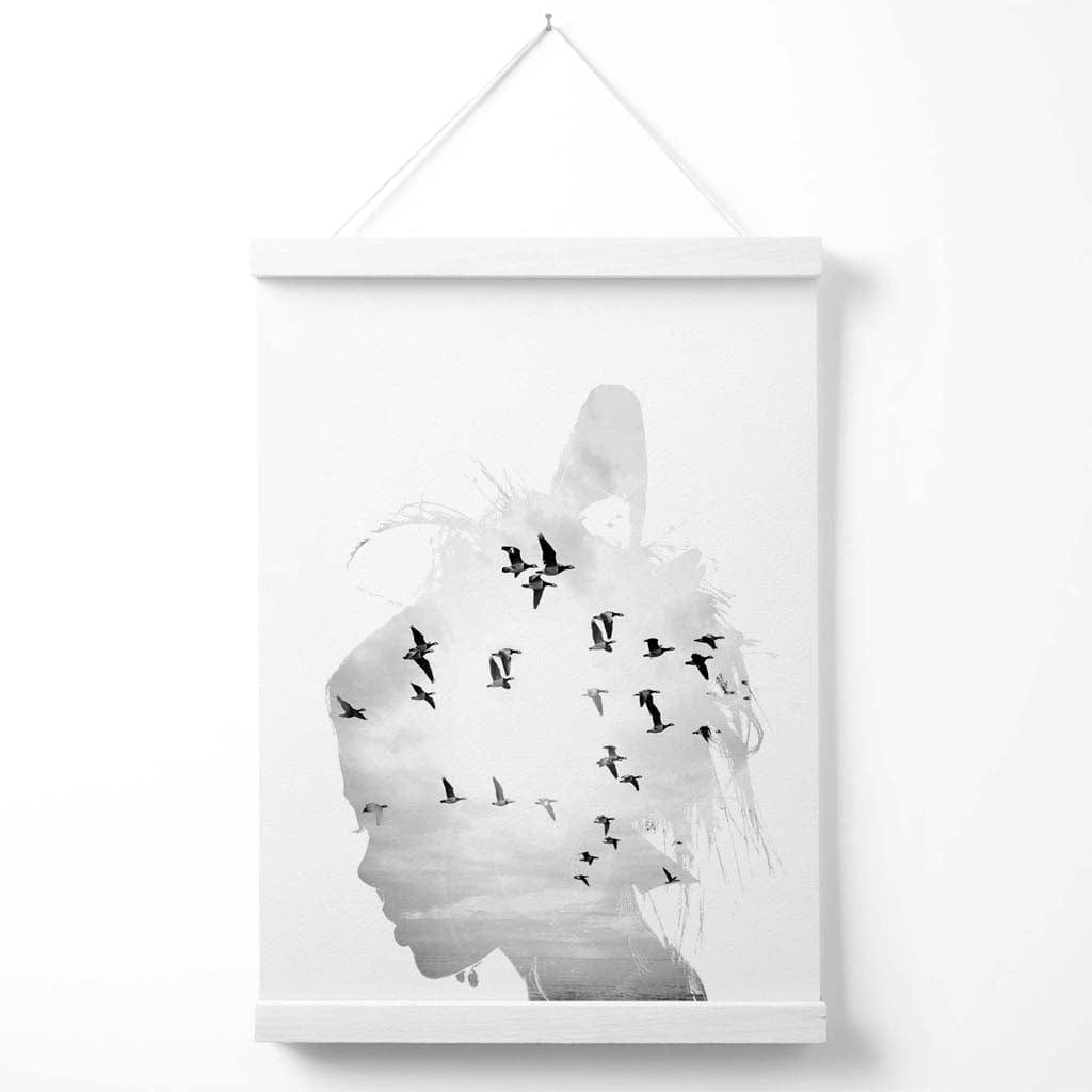 Abstract Girl and Seagulls Fashion Black-White Photo Poster with Hanger | Bowlift