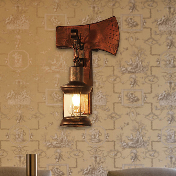 BowLift | Rust One-Light Wall Light Coastal Clear Glass Lantern Lighting Fixture with Wood Back Plate