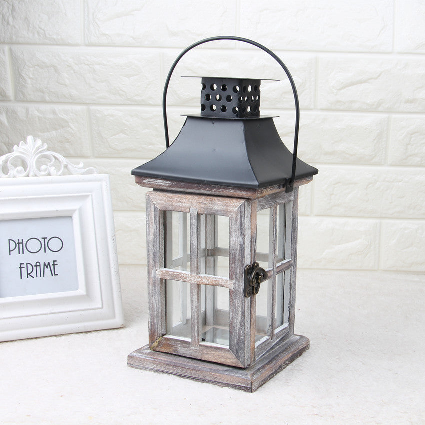 Hand-Finished Weathered Wood Windowpane Lanterns with Metal Roof and Glass Panels Set Bowlift
