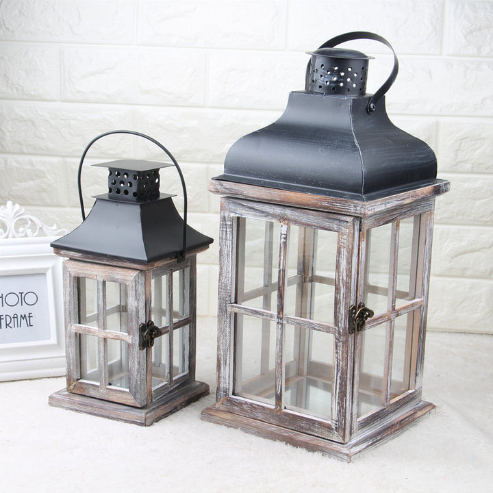 Hand-Finished Weathered Wood Windowpane Lanterns with Metal Roof and Glass Panels Set Bowlift