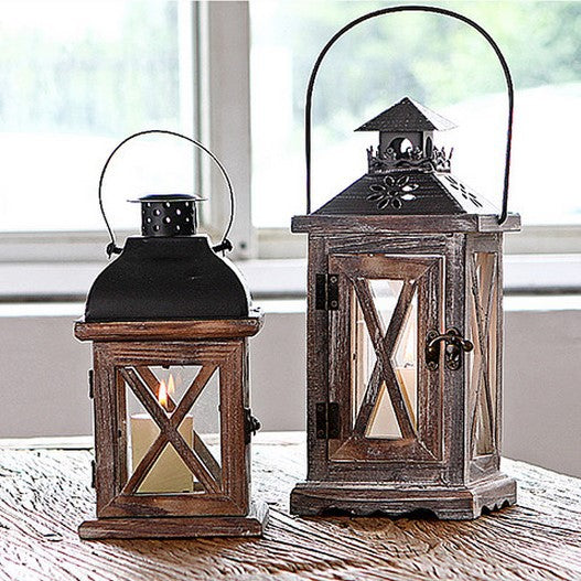 Antique-Style Glass Pane Window Lantern with Distressed Wood Frame and Vented Metal Roof Bowlift