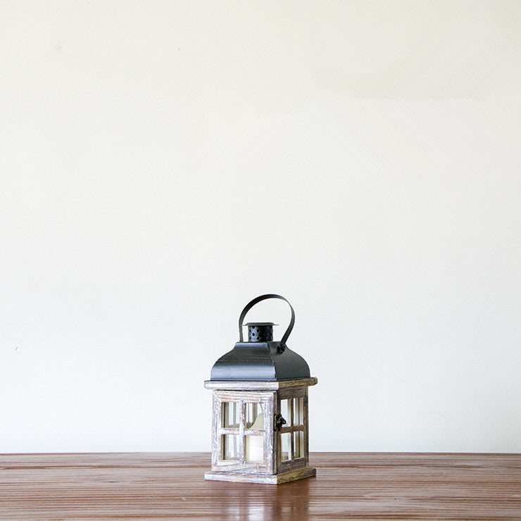 Multi-Piece Rustic Wooden Candle Lanterns with Metal Tops and Paneled Glass Bowlift