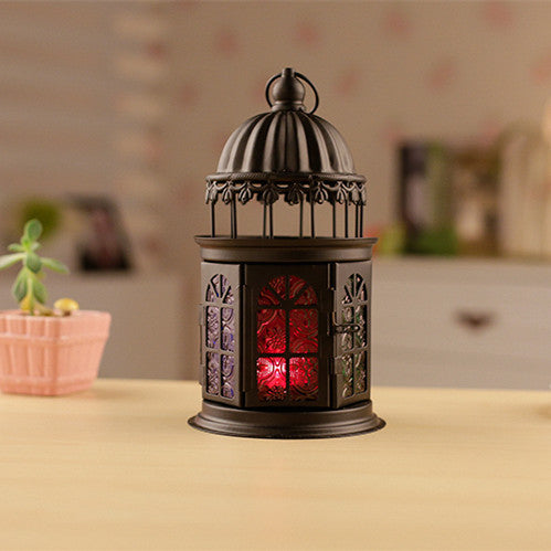 Ornamental Gothic Dome Lantern with Colored Glass Panels and Tealight Holder Bowlift