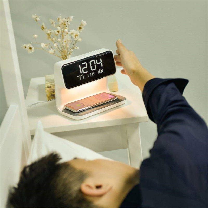 BowLift | 3-in-1 Bedside Lamp with Wireless Charger – LCD Alarm Clock & Touch Dimmable LED Table Lamp