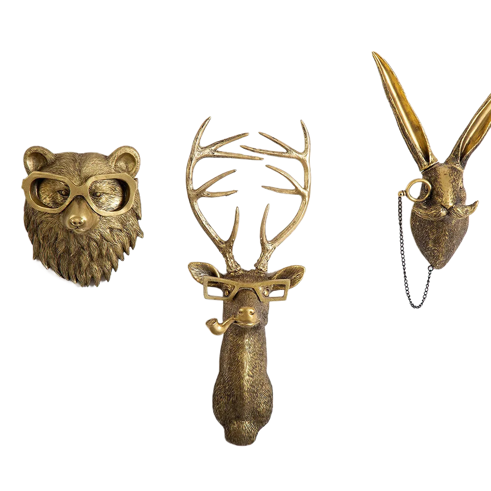 BowLift | Antique Bronze Resin Animal Pendant Golden Deer Head Wall Storage Hook Background Wall Accessories Decorative Figures