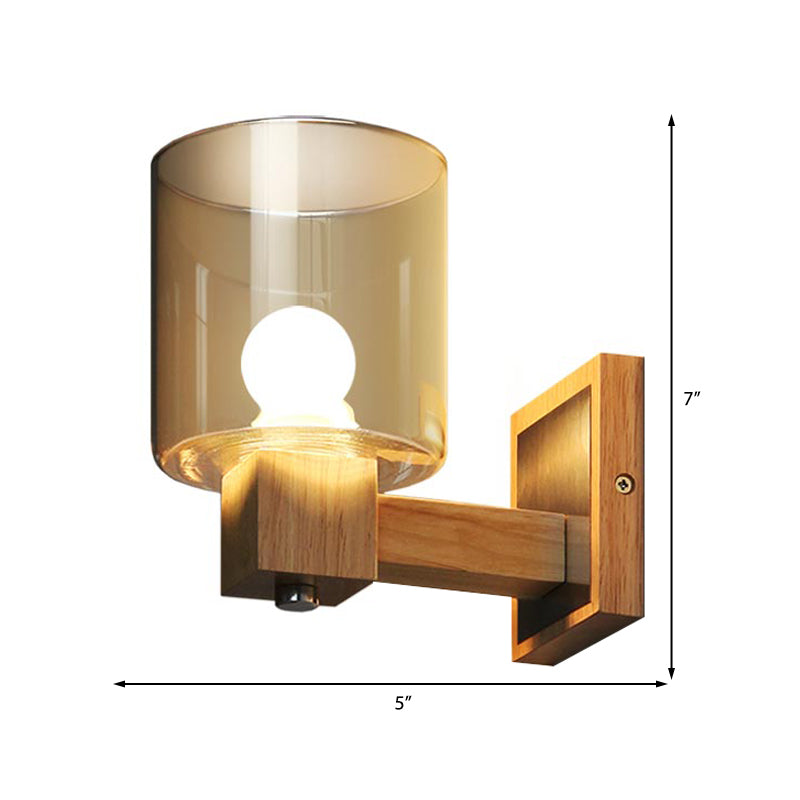 BowLift | Cognac Glass Cylinder Wall Lamp Nordic Style 1 Light Mini Wall Sconce Made of Wood
