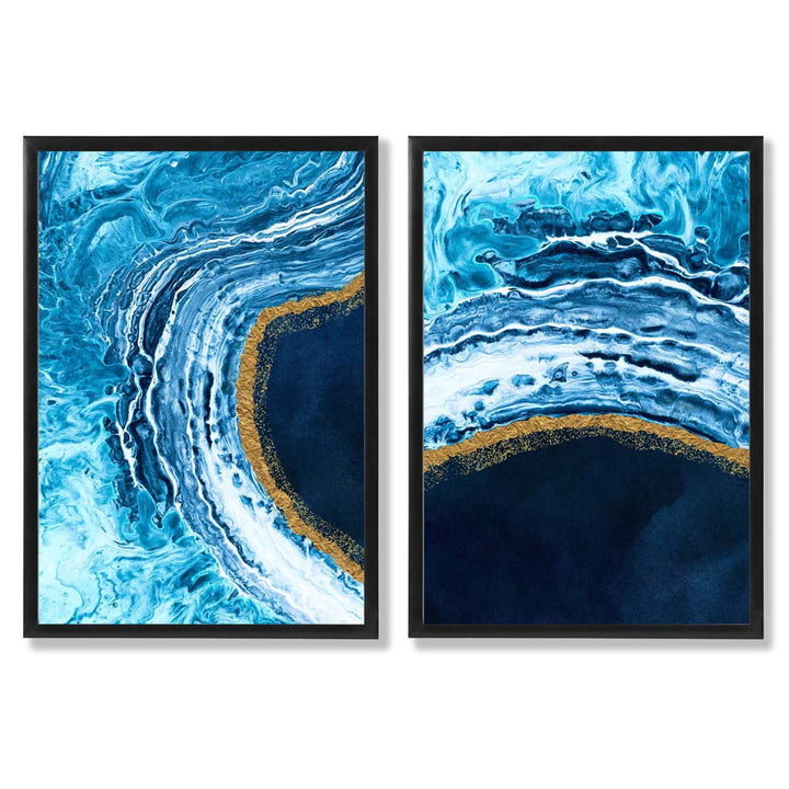 Blue and Gold Abstract Ocean Framed Set of 2 Art Prints | Bowlift