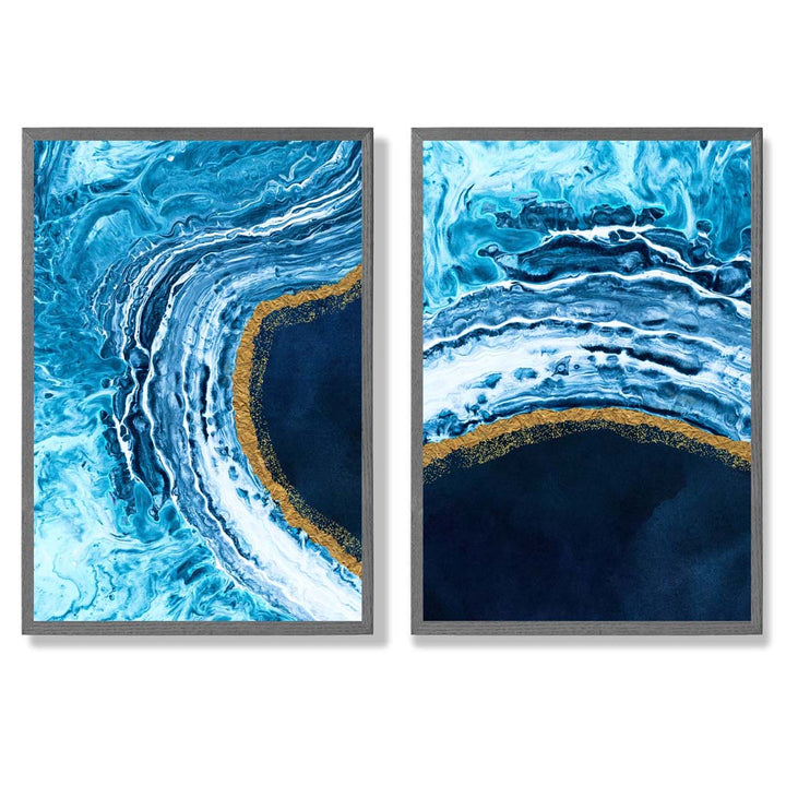 Blue and Gold Abstract Ocean Framed Set of 2 Art Prints | Bowlift