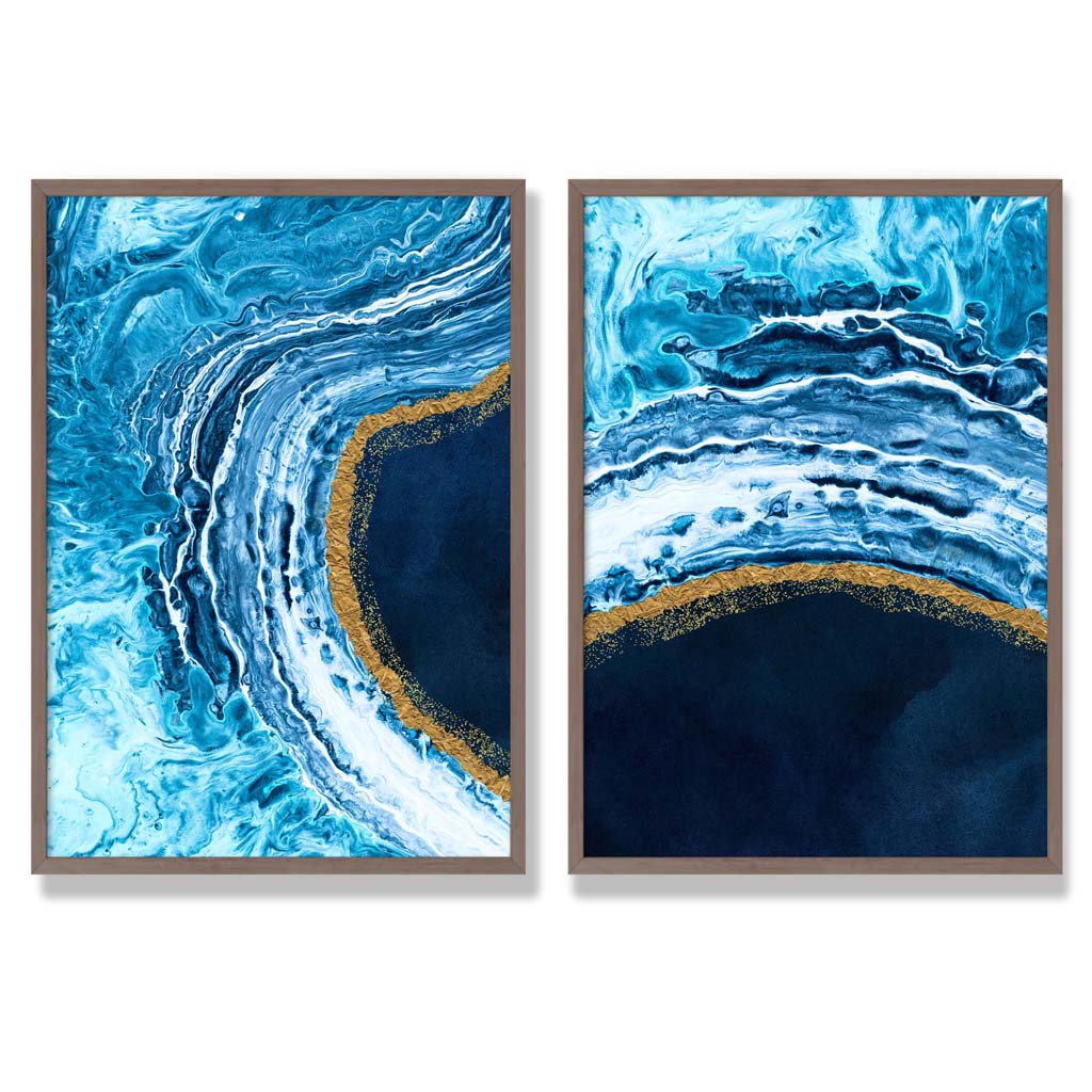 Blue and Gold Abstract Ocean Framed Set of 2 Art Prints | Bowlift