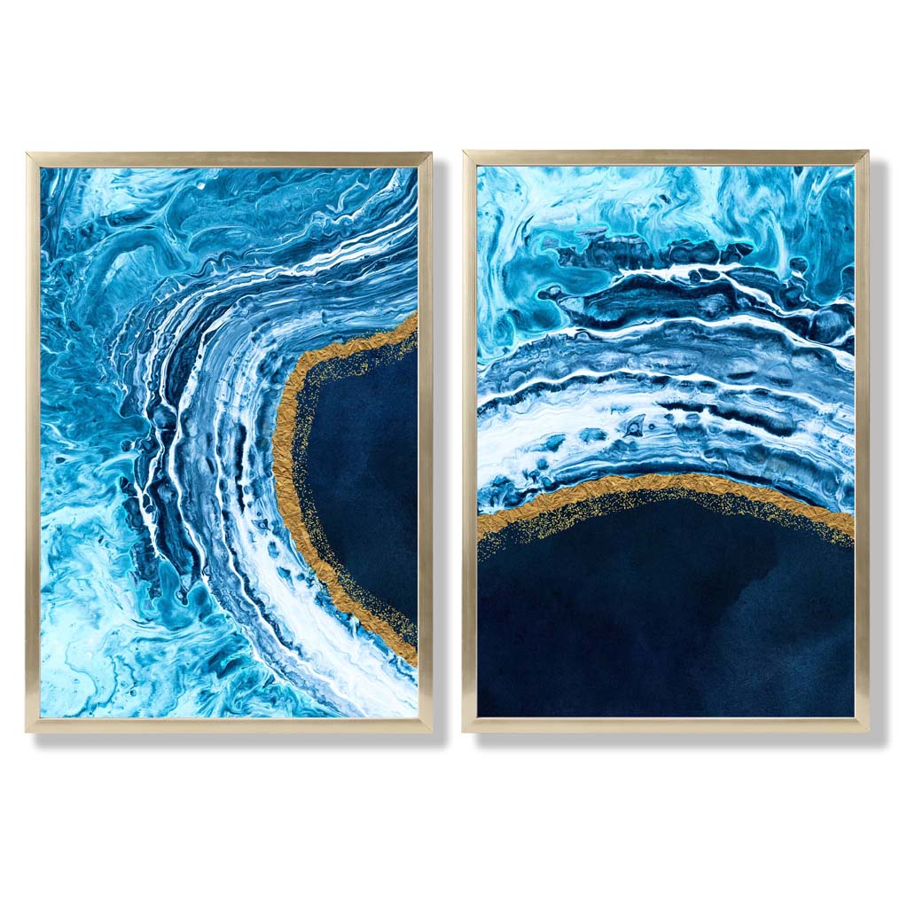 Blue and Gold Abstract Ocean Framed Set of 2 Art Prints | Bowlift