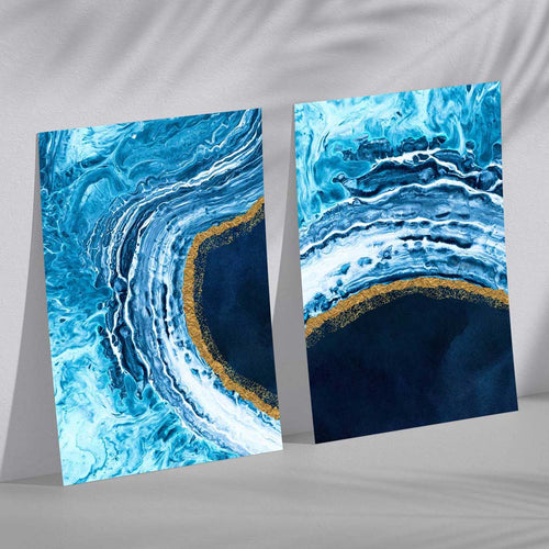 Blue and gold abstract ocean set of 2 art prints | Bowlift
