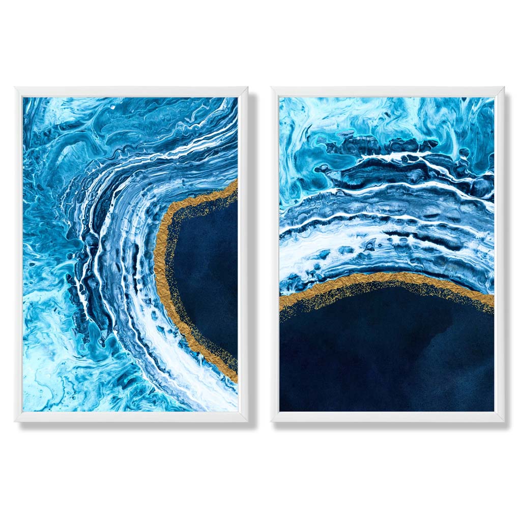 Blue and Gold Abstract Ocean Framed Set of 2 Art Prints | Bowlift