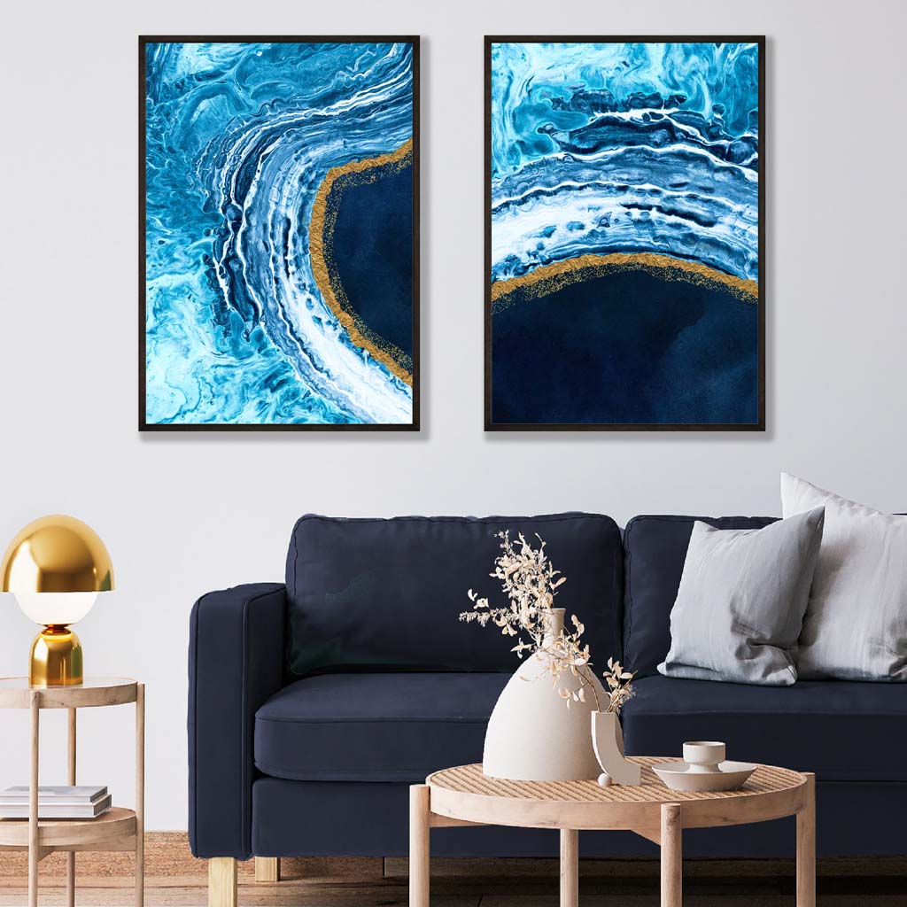 Blue and Gold Abstract Ocean Framed Set of 2 Art Prints | Bowlift