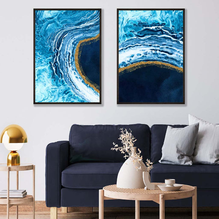 Blue and gold abstract ocean set of 2 art prints | Bowlift