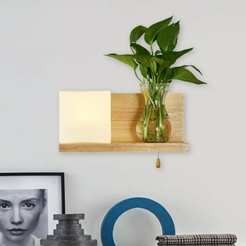 BowLift | Minimalism Square Wall Lamp Fixture 1 Main White Glass LED Wall Light in Wood, Left/Right