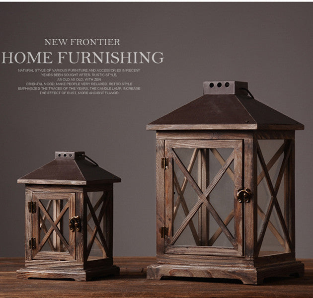 Handcrafted Distressed Wood Lantern with Cross-Hatch Glass Panels and Antique Metal Top Bowlift