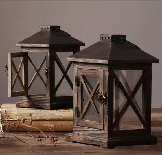 Handcrafted Distressed Wood Lantern with Cross-Hatch Glass Panels and Antique Metal Top Bowlift