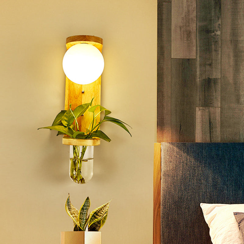 BowLift | Barrel/Globe Opal Glass Up/Down Light Simple 1 Light Living Room LED Wall Mount Lighting in Wood