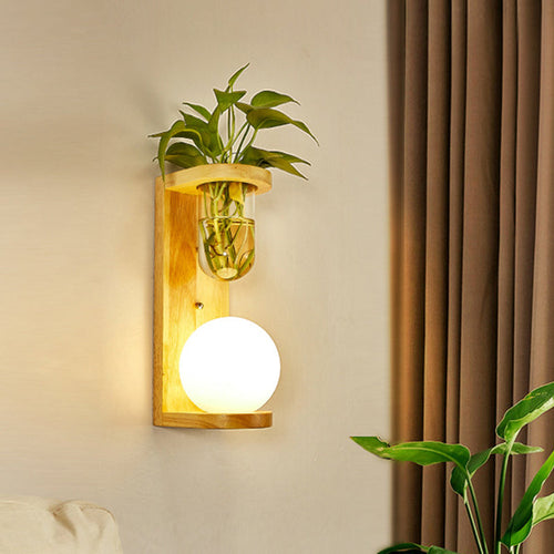 BowLift | Barrel/Globe Opal Glass Up/Down Light Simple 1 Light Living Room LED Wall Mount Lighting in Wood
