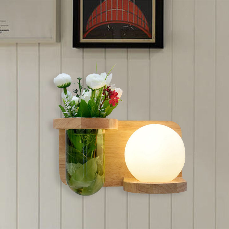 BowLift | Milk glass surface wall lamp industrial 1 head bedroom LED wall lighting in wood, left/right