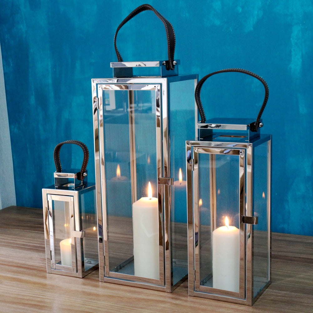 Rectangular Glass Candle Lanterns with Polished Metal Frame and Faux Leather Handle Set Bowlift