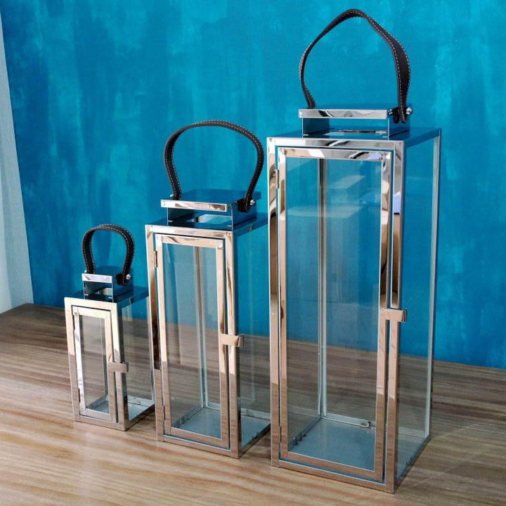 Rectangular Glass Candle Lanterns with Polished Metal Frame and Faux Leather Handle Set Bowlift